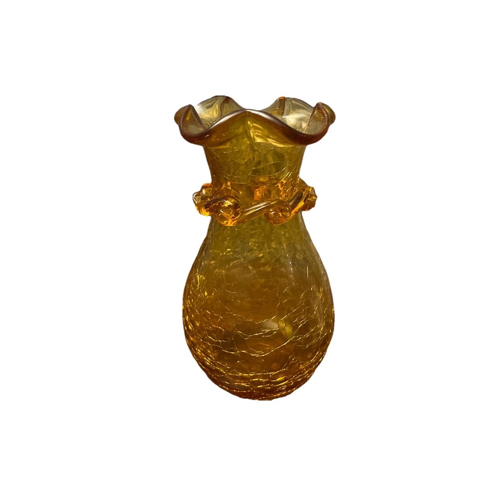 Vintage 5.5" Amber Crackled Glass Vase Ruffle Rim And Scroll Neck